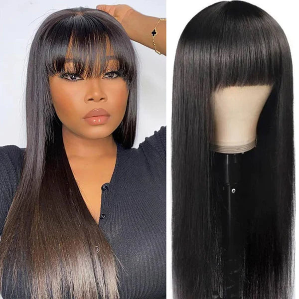 Straight With Bangs Wig Non-Lace Machine Made Natural Black Protective Style Human Hair Wigs