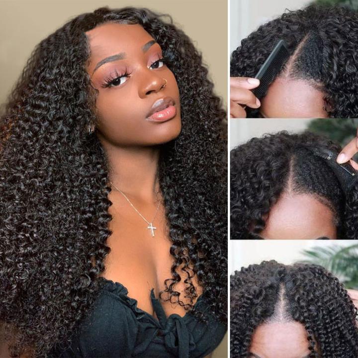 Kinky Curly Style V Part Glueless Curly Wig Human Hair No Glue No Leave Out - arabellahair.com