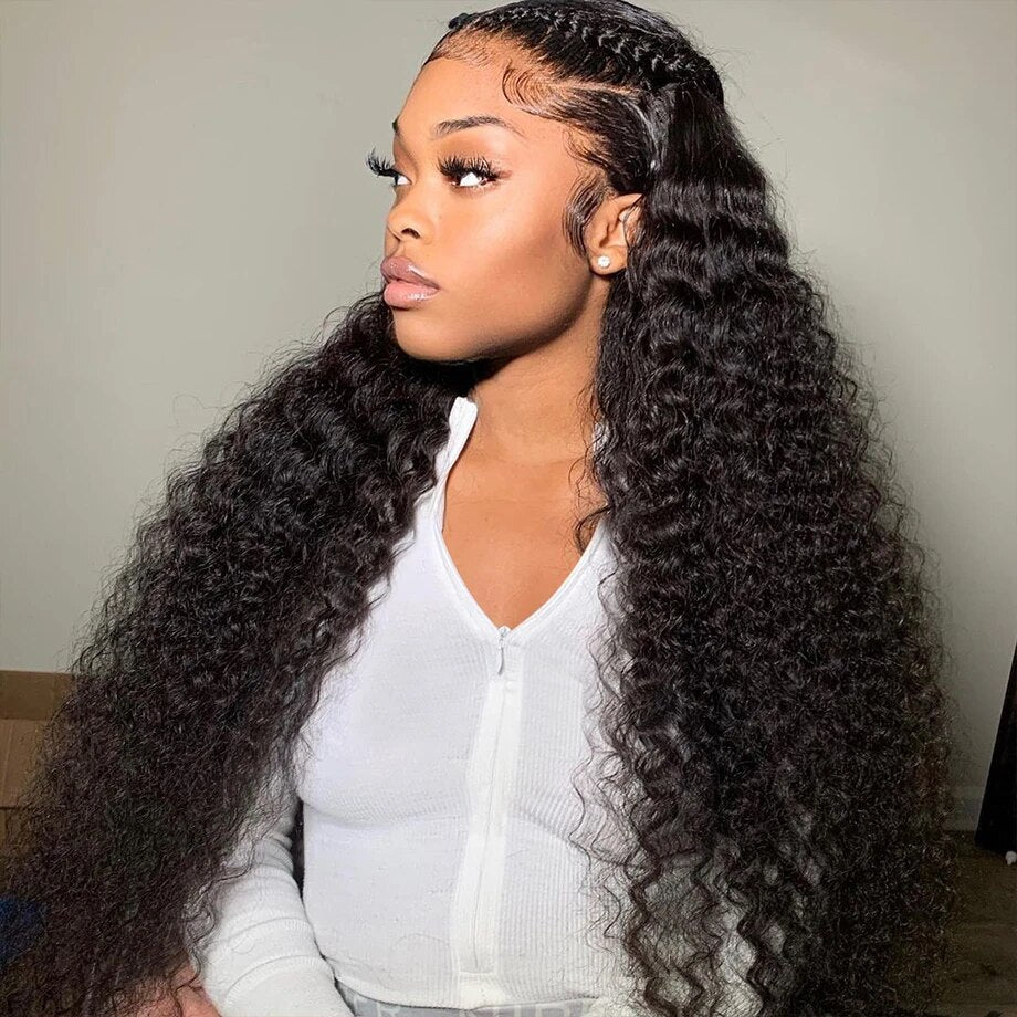 Water Wave Curly Natural Black Glueless 5x5 Lace Closure Human Hair Wigs