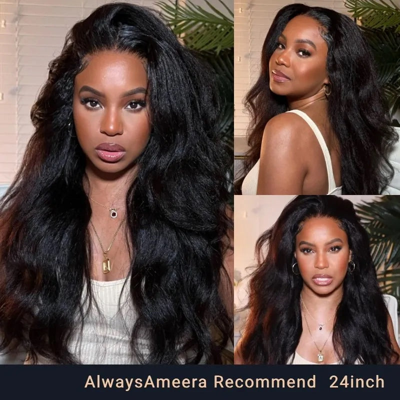 AlwaysAmeera Recommend Kinky Straight HD Lace Frontal Yaki Straight 13x4 Lace Human Hair Wigs Natural Black Free Part Wig