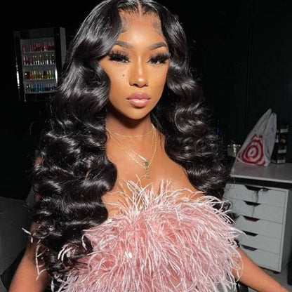 Loose Wave Transparent Lace 13*4 Inch Lace Frontal Wig Human Hair Wigs High Density Natual Black Free Part 210% Density - arabellahair.com