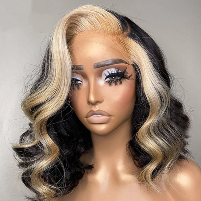 Blonde Skunk Stripe New Highlight Blonde Color 15A Double Drawn Hair 13*4 Transparent Lace Frontal Wig Ponytail Short Style Wave Bob - arabellahair.com