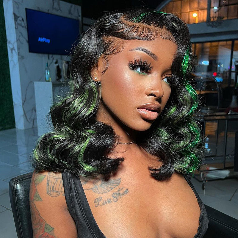 Human hair wig Green Highlights Body Wave HD Lace 13x4 Transparent Lace 180% Density Color Wigs Free Part - arabellahair.com