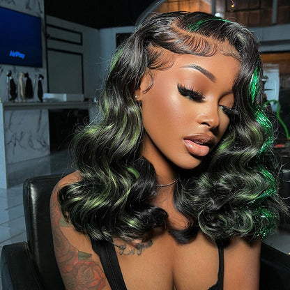 Human hair wig Green Highlights Body Wave HD Lace 13x4 Transparent Lace 180% Density Color Wigs Free Part - arabellahair.com
