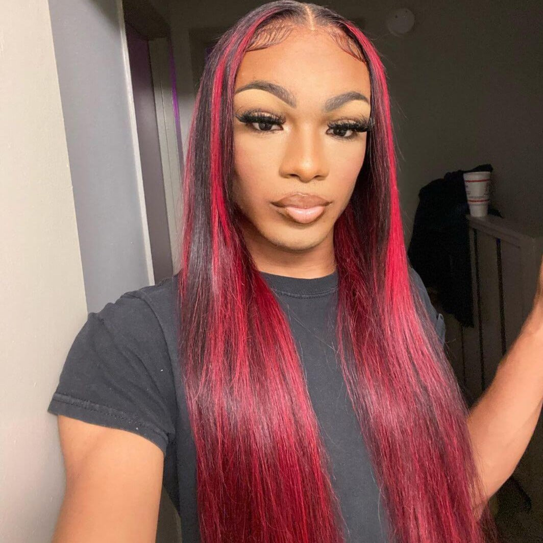 Human hair wig Dark Burgundy With Rose Red Highlights Straight HD Lace 13x4 Transparent Lace 180% Density Color Wigs Free Part - arabellahair.com