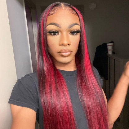 Human hair wig Dark Burgundy With Rose Red Highlights Straight HD Lace 13x4 Transparent Lace 180% Density Color Wigs Free Part - arabellahair.com