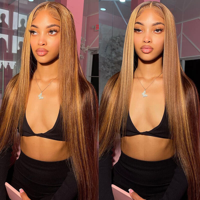 Honey Blonde with Piano Highlights Colored Straight 13x4 Lace Front Human Hair Wig