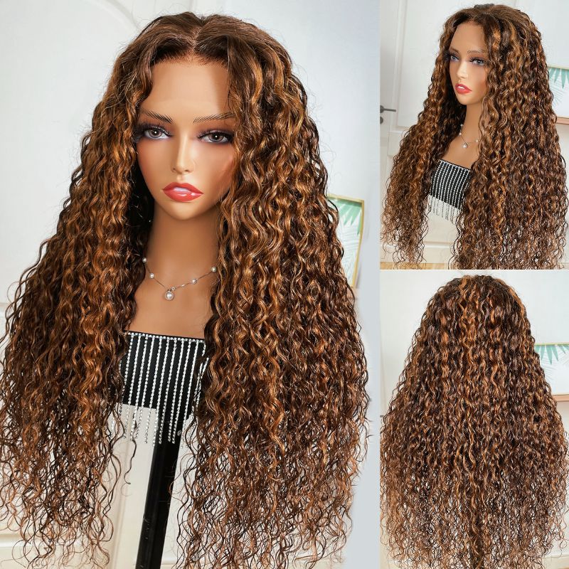 Human hair wig 22&quot; Honey Blonde Piano Highlights Color Wig Deep Wave Curly Style Transparent Lace 4*4 Glueless Wig 180% Density - arabellahair.com