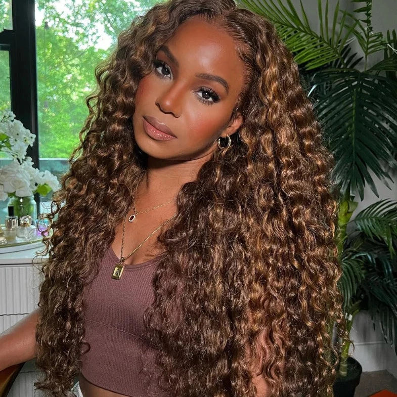 Human hair wig 13*6 Lace Curly Wave Wig Honey Blonde Piano Highlights Color Lace FrontDeep Wave 250% Density  Human Hair Wigs Free Part - arabellahair.com
