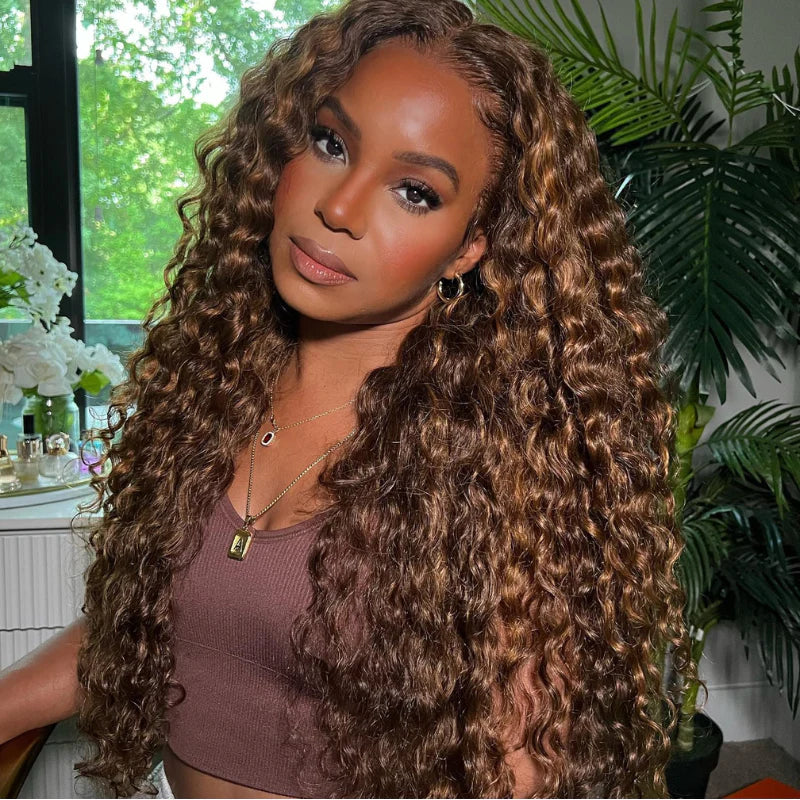 Human hair wig 22&quot; Honey Blonde Piano Highlights Color Wig Deep Wave Curly Style Transparent Lace 4*4 Glueless Wig 180% Density - arabellahair.com