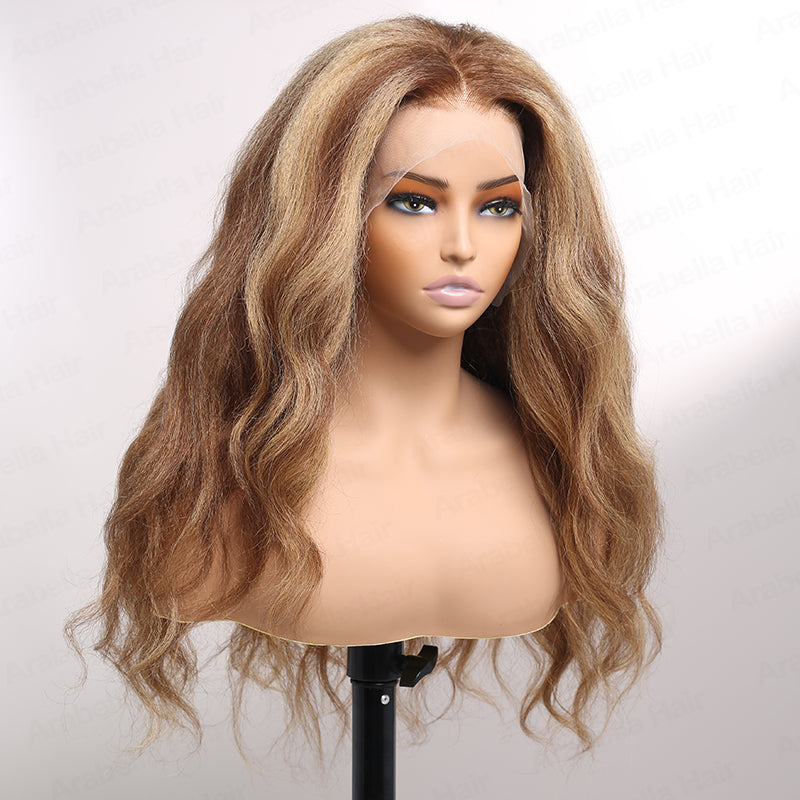 Piano Highlight Color Yaki Wavy Style HD Lace 13x4 Lace Frontal P4/27 Colored Human Hair Wigs