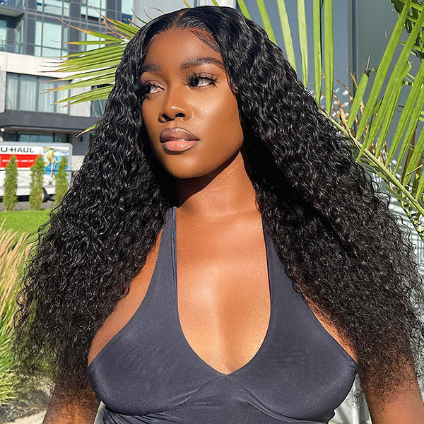 Kinky Straight Curly Wig 13x4 Lace Frontal Natural Black 210% Density Human Hair Wigs Free Part