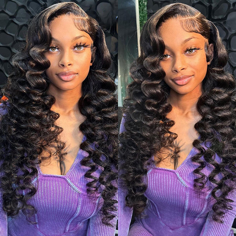 HD Lace Double Drawn Loose Wave 13x4 Lace Frontal Natural Black Human Hair Wig Free Part