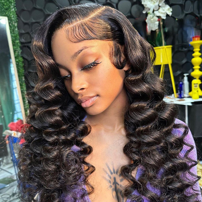 HD Lace Double Drawn Loose Wave 13x4 Lace Frontal Natural Black Human Hair Wig Free Part