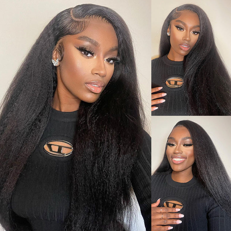 Yaki Straight Natural Black 13x4 Lace Front Human Hair Wigs Free Part