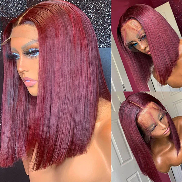 Human hair wig 99J Burgundy Red Color Bob 4x4/13x4/13x6 Lace Wigs Human Hair Wigs Straight Bob Wigs For Black Women 180% Density - arabellahair.com