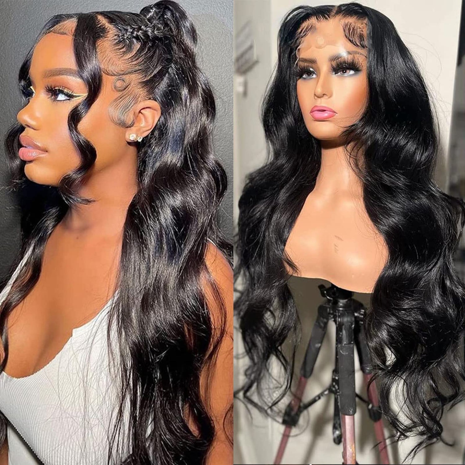 40&quot; Extra Long Length Hair 13x4 Lace Front Wig - Natural Black Straight Hair and Body Wave Human Hair Wigs