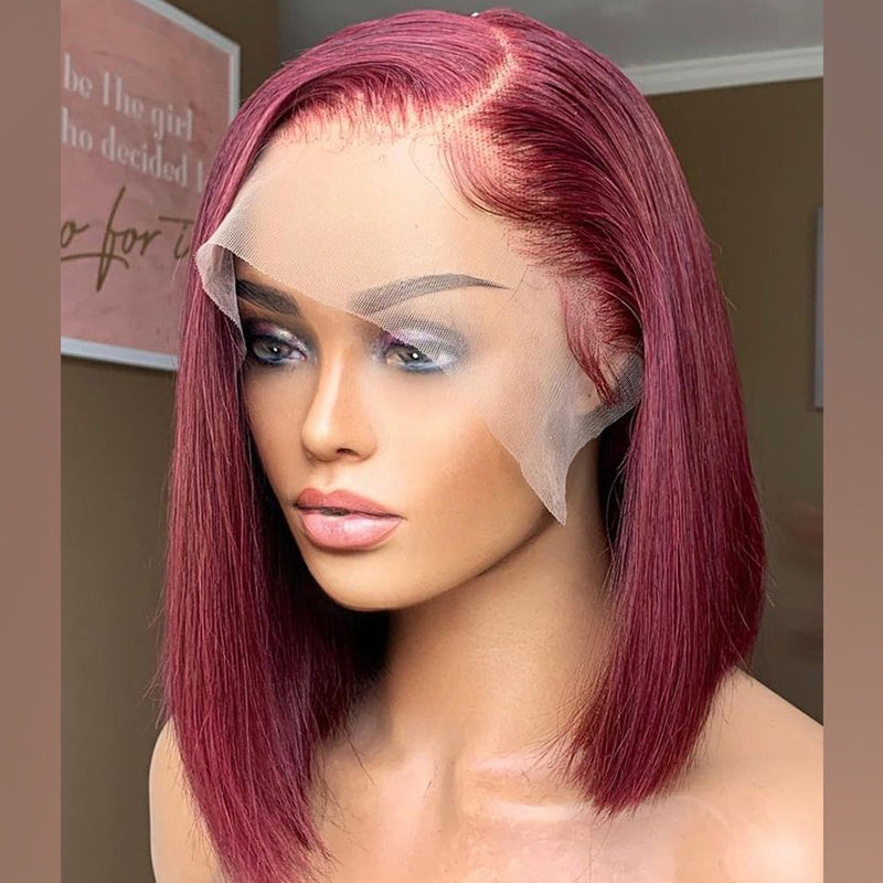 Burgundy Red 99J Color Bob 13x4 Lace Wigs - Straight Human Hair Wigs for Black Women, 180% Density