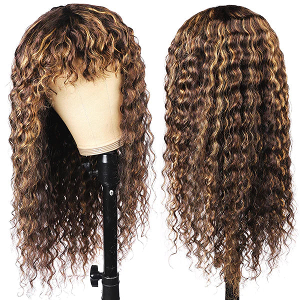 Human hair wig P4/27 Piano Highlights Color Wig Deep Wave  Curly Non-Lace Machine Made Colored Wig Protective Style Human Hair Wigs Machine Made - arabellahair.com