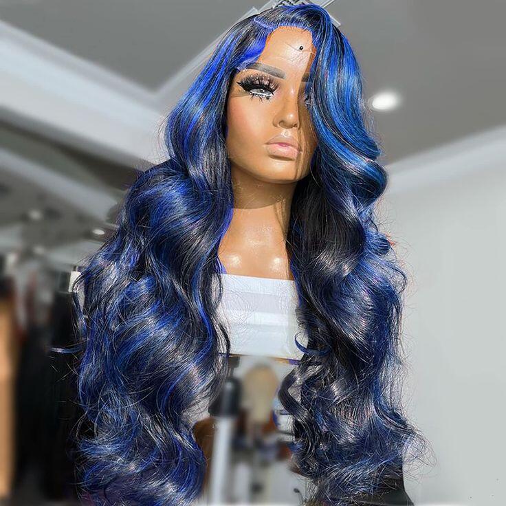 Human hair wig Bold Blue&amp;Black Highlights Body Wave HD Lace 13x4 Transparent Lace 180% Density Color Wigs Free Part - arabellahair.com