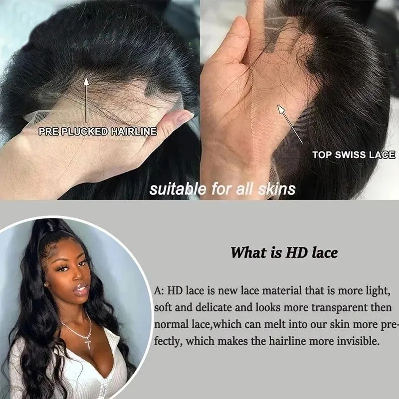 Human hair wig HD Lace 5*5 Lace Closure Wigs Glueless Wig Body Wave Pre Plucked 180% Density Natual Black - arabellahair.com