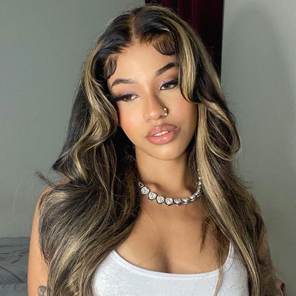 360 Lace Front Body Wave Wig Balayage Highlights Color Wigs Transparent Human Hair Wigs High Density Free Part