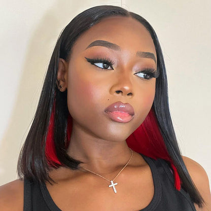 【Bogo Sale】Red Peekaboo Highlights Color Short Bob Straight 13x4 Lace Front Human Hair Wigs