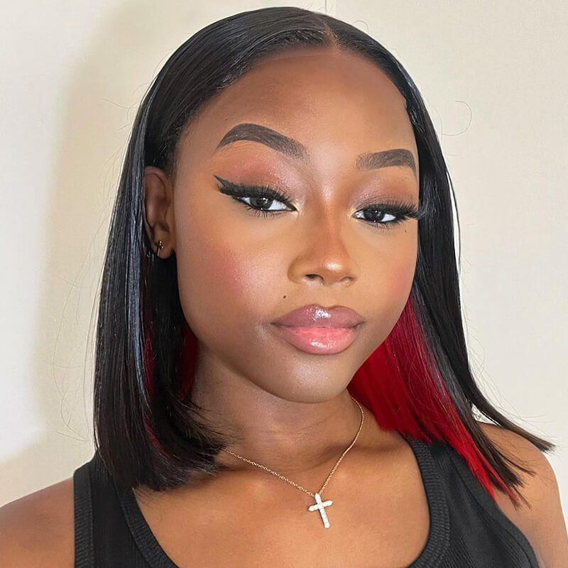 【Bogo Sale】Red Peekaboo Highlights Color Short Bob Straight 13x4 Lace Front Human Hair Wigs