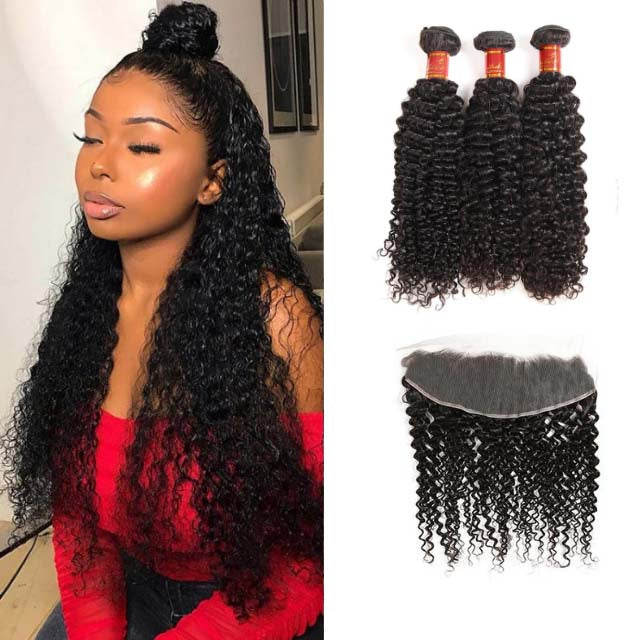 Brazilian Jerry Curly 3 Bundles Hair Weft With Frontal Closure - arabellahair.com