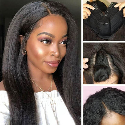 V Part Yaki Straight Wig Beginner Friendly Glueless Wig Human Hair No Glue No Leave Out - arabellahair.com