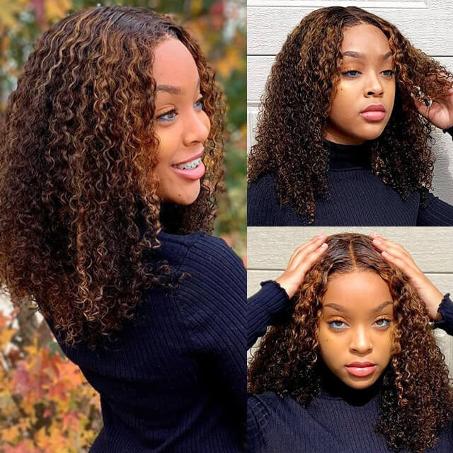 Highlight Deep Curly Bob Wig 4/27 Ombre Honey Blonde Piano Highlights Color Wig Bouncy Curly Transparent Lace Front Human Hair Wigs - arabellahair.com