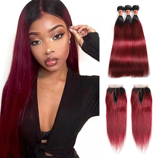 T1B/99J Burgundy Red Color 3 Bundles Straight Hair  With 4*4 Lace Closure - arabellahair.com