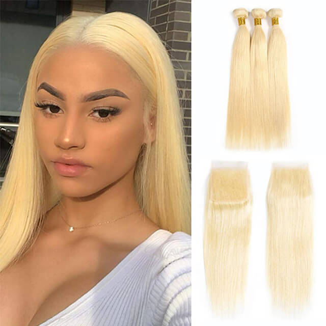 613 Blonde Hair, 3 Bundles Straight Hair Weaves  With 4*4 Lace Closure - arabellahair.com
