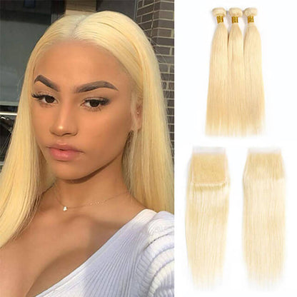 613 Blonde Hair, 3 Bundles Straight Hair Weaves  With 4*4 Lace Closure - arabellahair.com