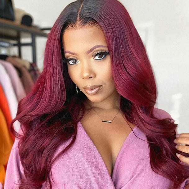 1B99J Ombre Wig Human Hair 13*4 Lace Frontal Wig Straight&amp;Body Wave 180% Density Color Wig - arabellahair.com