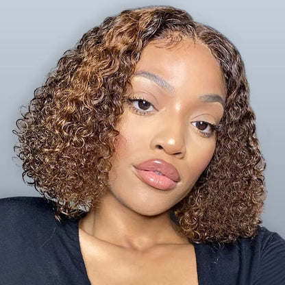 Highlight Deep Curly Bob Wig 4/27 Ombre Honey Blonde Piano Highlights Color Wig Bouncy Curly Transparent Lace Front Human Hair Wigs - arabellahair.com