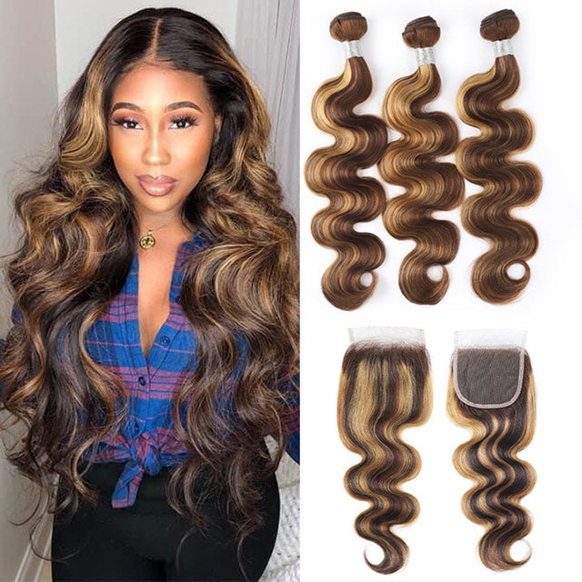 P4/27 Highlight Body Wave Hair Bundles With Closure 3 Bundles with 4*4 HD Lace Closure - arabellahair.com