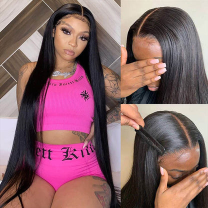 Human hair wig HD Lace Straight 13x4 Frontal Wig Invisible Swiss Lace Wig 18-32 Inch Real HD Lace 180% Density Natual Black Free Part - arabellahair.com