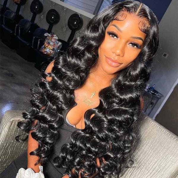 Loose Wave Transparent Lace 13*4 Inch Lace Frontal Wig Human Hair Wigs High Density Natual Black Free Part 210% Density - arabellahair.com