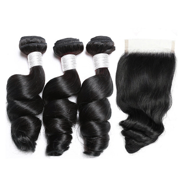 Loose Wave Human Hair Bundles With Closure 12A HD 4*4 Closure With Bundles - arabellahair.com