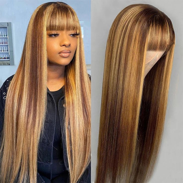 Piano Highlight Brown Color Wig Straight Non-Lace Machine Made With Bangs 