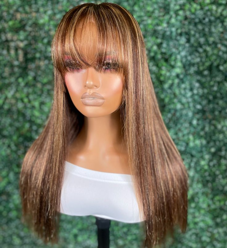 Piano Highlight Brown Color Wig Straight Non-Lace Machine Made With Bangs 