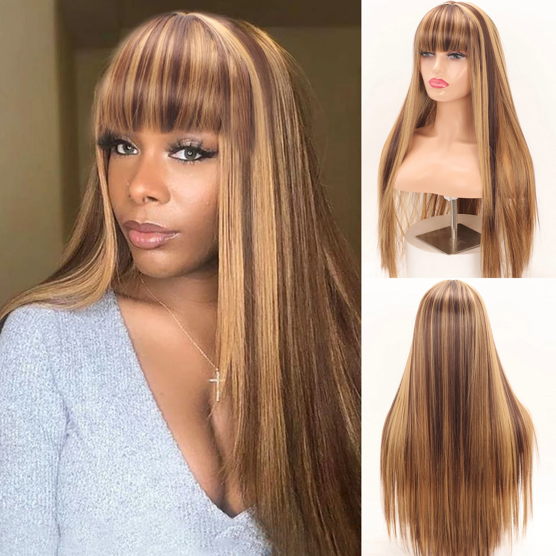 Piano Highlight Brown Color Wig Straight Non-Lace Machine Made With Bangs 