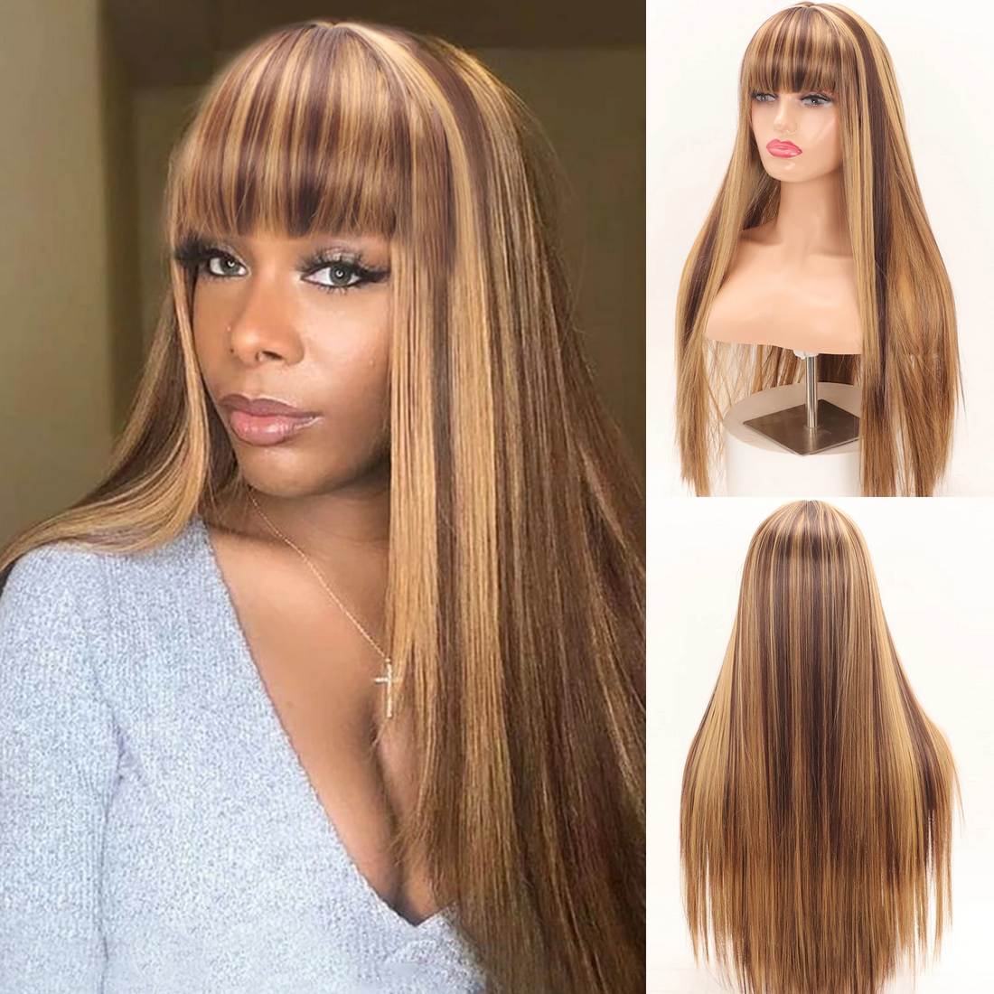 Piano Highlight Brown Color Wig - Straight Non-Lace Machine Made With Bangs Protective Style Human Hair Wigs