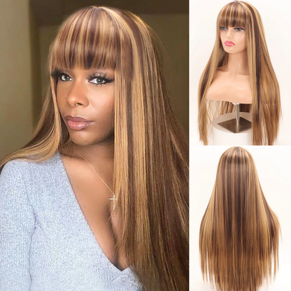 Piano Highlight Brown Color Wig Straight Non-Lace Machine Made With Bangs 