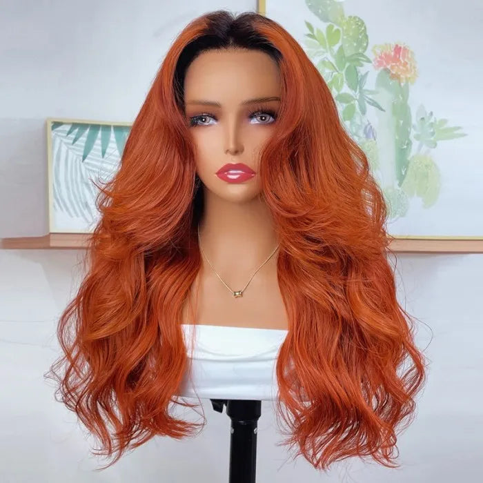 Human hair wig Cinnamon Brunette With Dark Roots Ombre Color Wig 13x4/4x4 Transparent Lace Frontal Wig Human Hair 180% Density - arabellahair.com