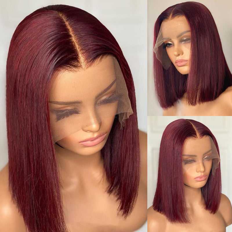 Human hair wig 99J Red Color Bob 4*4/13*4/13*6 Lace Wigs Human Hair Wigs Straight Bob Wigs For Black Women 180% Density - arabellahair.com