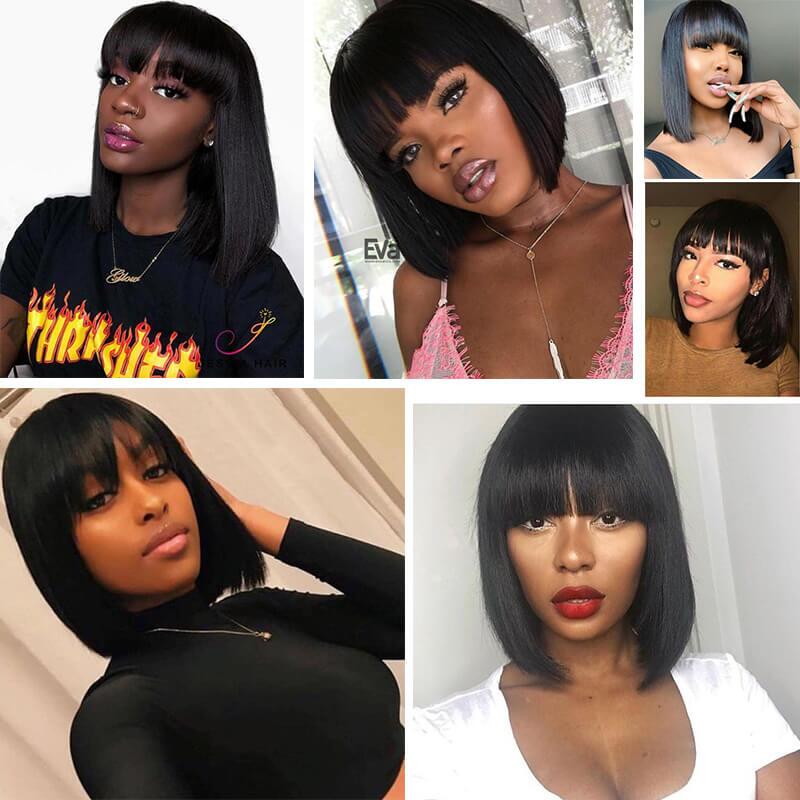 Straight Short Non-Lace Human Hair Bob Wigs with Bangs 180% Density Bob Wigs - arabellahair.com