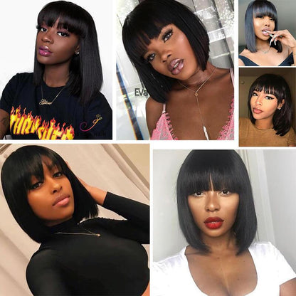 Straight Short Non-Lace Human Hair Bob Wigs with Bangs 180% Density Bob Wigs - arabellahair.com