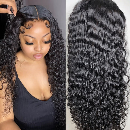 Undetectable Transparent Lace 13*4 Lace Frontal Wig Water Wave 180% Density Human Hair Wigs For Beginners Natual Black Free Part - arabellahair.com